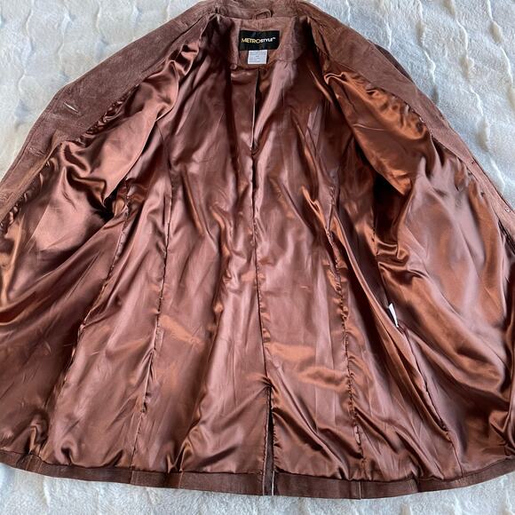 🔥Vintage Y2K Metrostyle Soft Leather Suede Classic Preppy Duster Jacket Sz 10P - Picture 11 of 16